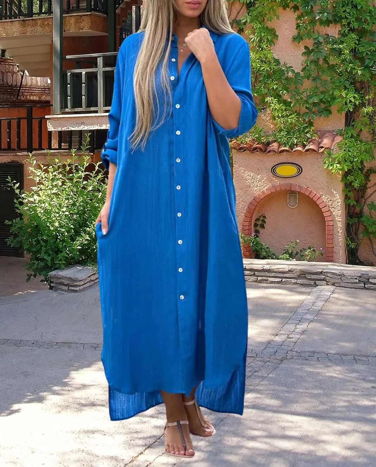 Linen Shirts for Women Long Sleeves Button Down Side Pockets Ideal for Casual Summer and Vacation Wear