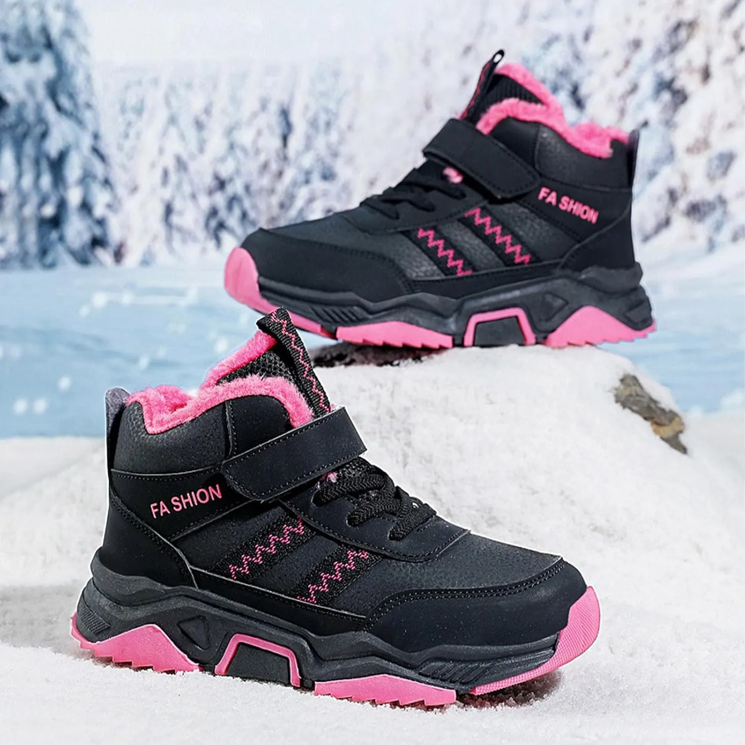 Lossarye Girls Boys Winter Warm Hiking Snow Boots Soft Faux Fur Lined Outdoor Non-Slip Walking Climbing Sneakers