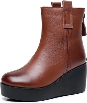 Lossarye Women's Leather Platform Wedges Ankle Boots with Back Zipper Fashion Vintage Round Toe Comfortable Warm Lining Casual High Top Soft Sole Anti-slip Booties