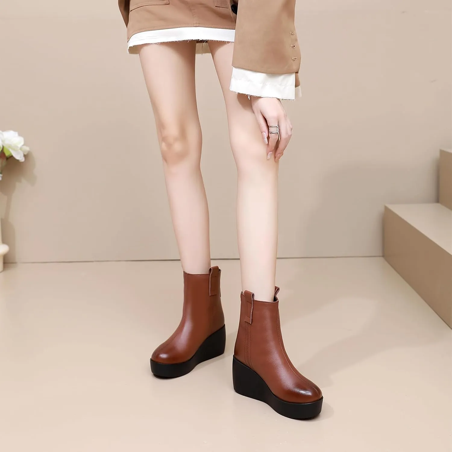 Lossarye Women's Leather Platform Wedges Ankle Boots with Back Zipper Fashion Vintage Round Toe Comfortable Warm Lining Casual High Top Soft Sole Anti-slip Booties