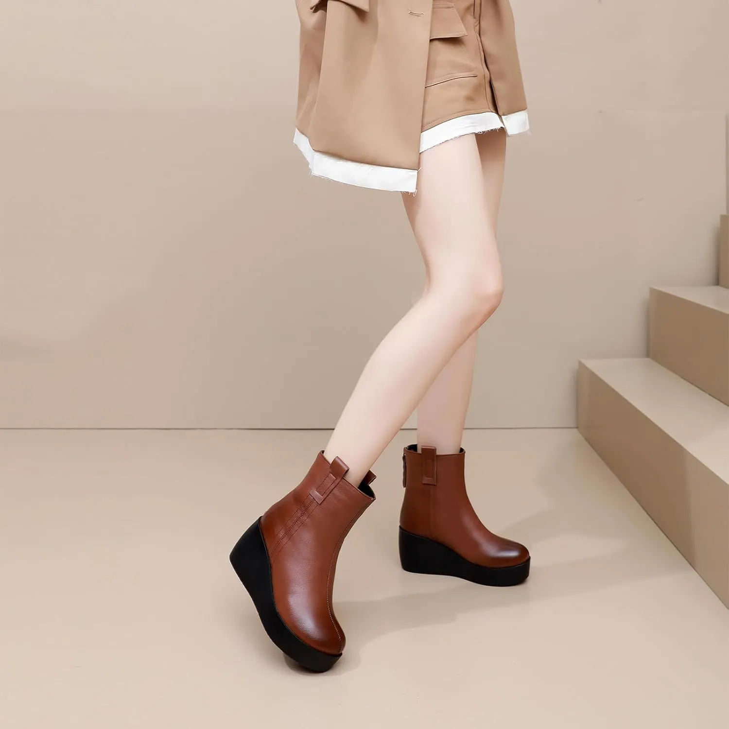 Lossarye Women's Leather Platform Wedges Ankle Boots with Back Zipper Fashion Vintage Round Toe Comfortable Warm Lining Casual High Top Soft Sole Anti-slip Booties