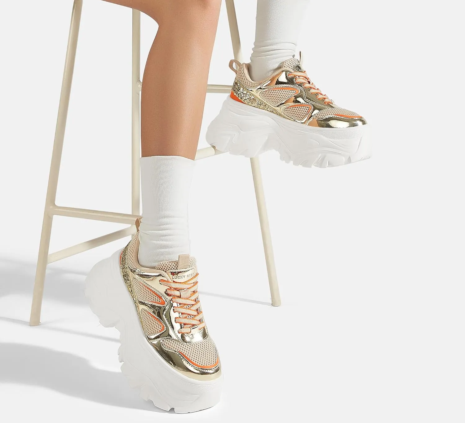 LUCKY STEP Women's Rhinestone Chunky Sneakers Breathable Lace-Up Platform Walking Sneakers Fashion Casual Dad Shoes