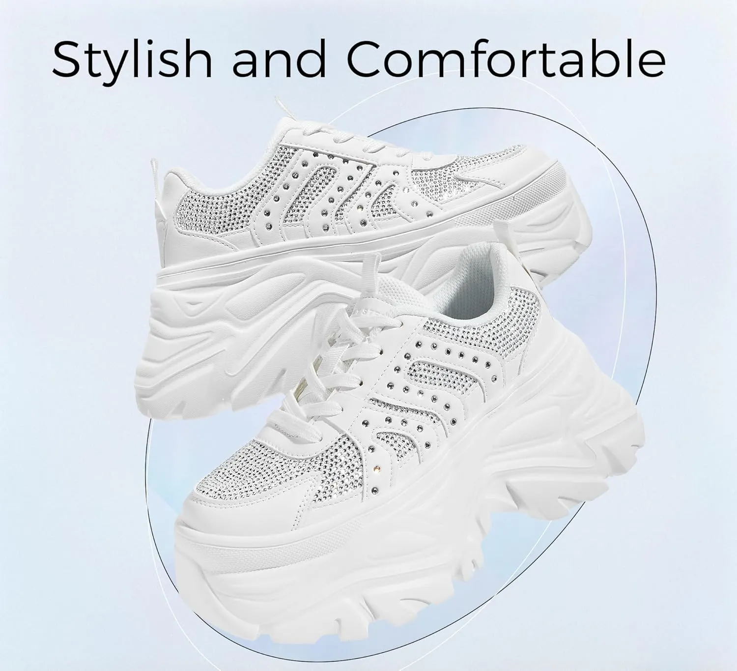 LUCKY STEP Women's Rhinestone Chunky Sneakers Breathable Lace-Up Platform Walking Sneakers Fashion Casual Dad Shoes