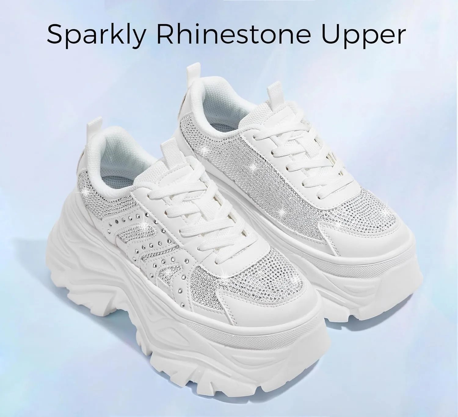LUCKY STEP Women's Rhinestone Chunky Sneakers Breathable Lace-Up Platform Walking Sneakers Fashion Casual Dad Shoes