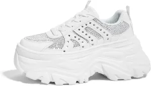 LUCKY STEP Women's Rhinestone Chunky Sneakers Breathable Lace-Up Platform Walking Sneakers Fashion Casual Dad Shoes