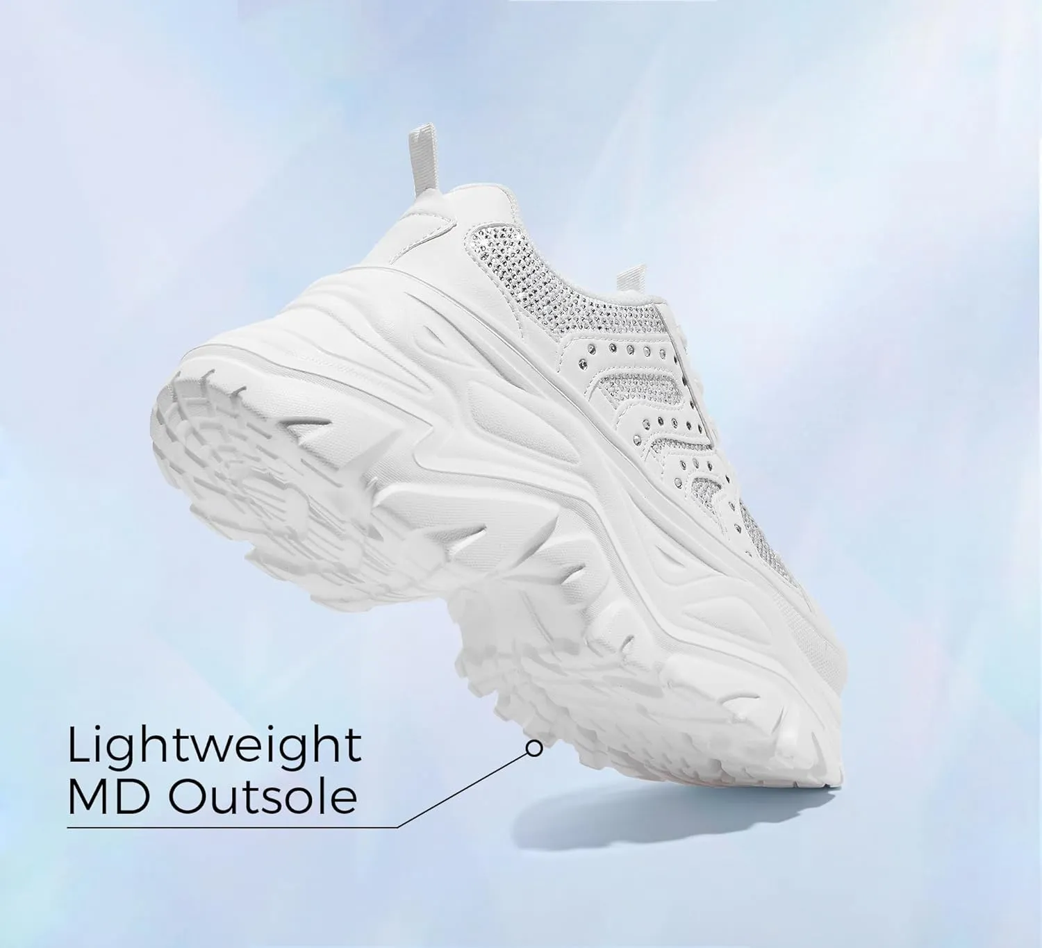 LUCKY STEP Women's Rhinestone Chunky Sneakers Breathable Lace-Up Platform Walking Sneakers Fashion Casual Dad Shoes