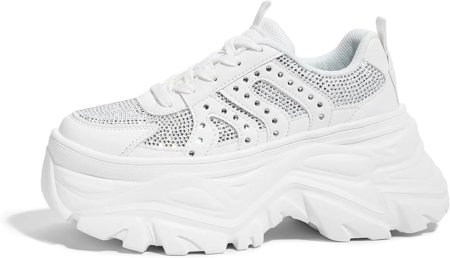 LUCKY STEP Women's Rhinestone Chunky Sneakers Breathable Lace-Up Platform Walking Sneakers Fashion Casual Dad Shoes