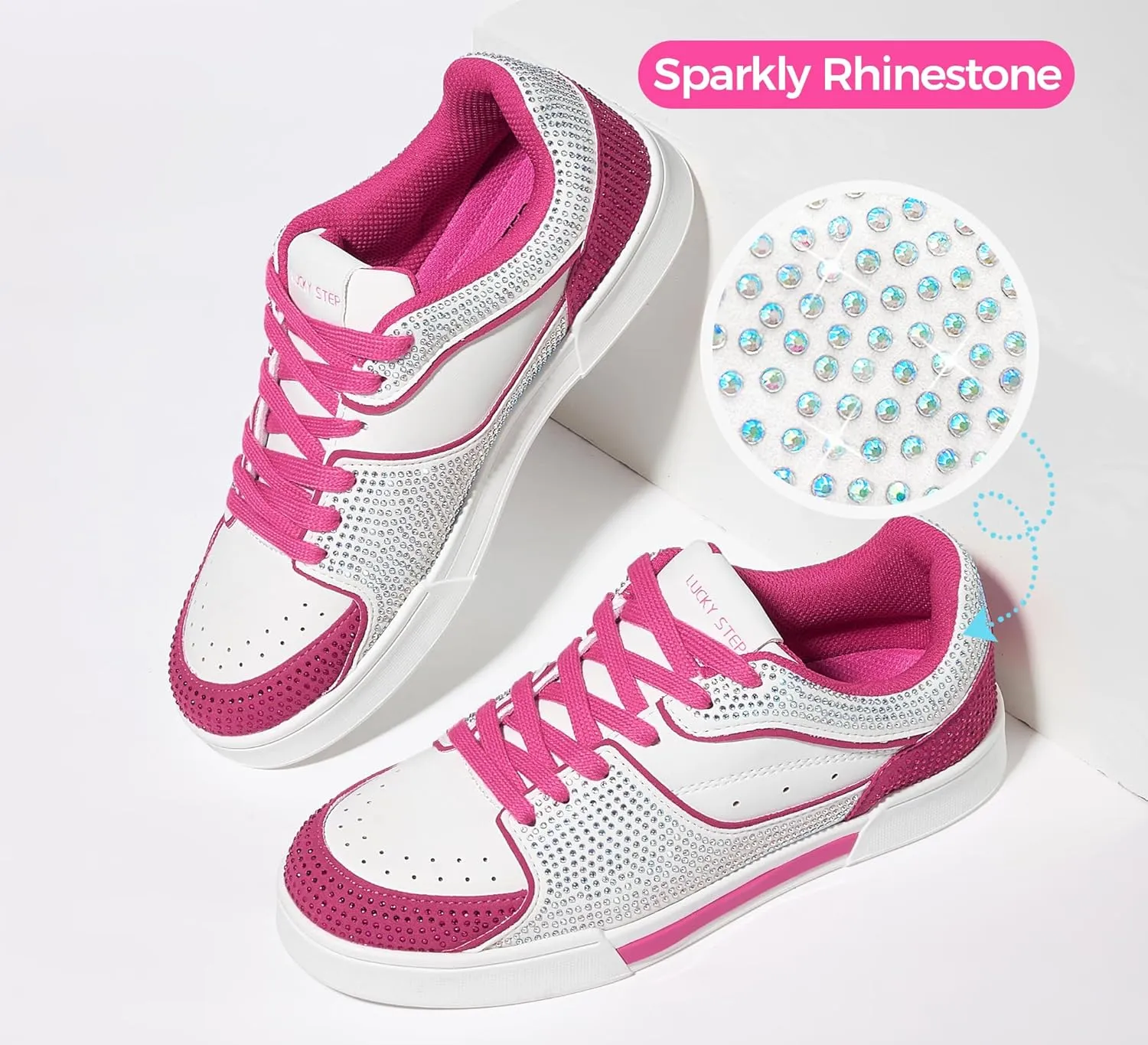 LUCKY STEP Women's Rhinestone Sneakers Sparkly Bling Glitter Wedding Tennis Shoes Fashion Casual Walking Comfortable Shiny Footwear