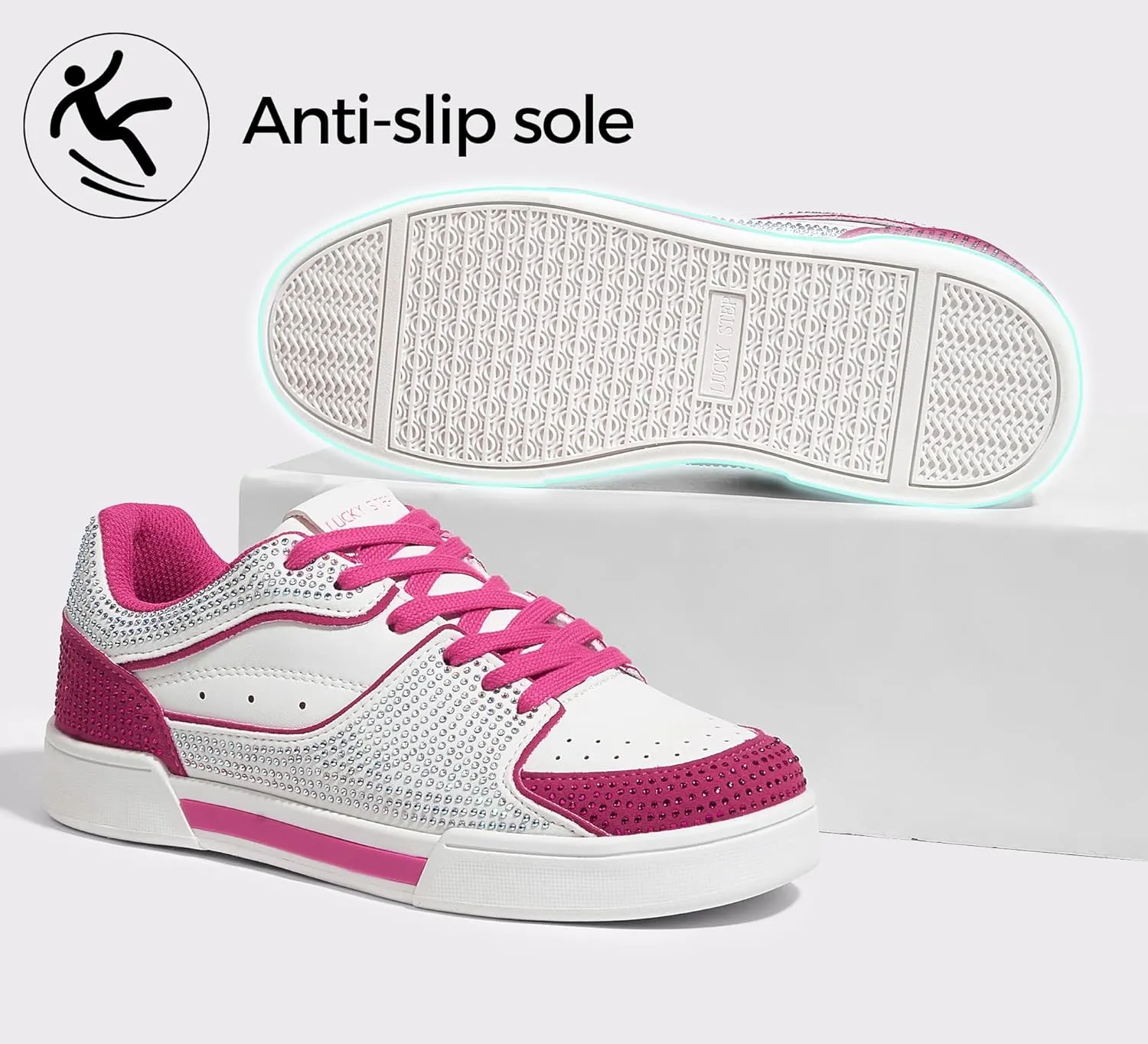 LUCKY STEP Women's Rhinestone Sneakers Sparkly Bling Glitter Wedding Tennis Shoes Fashion Casual Walking Comfortable Shiny Footwear