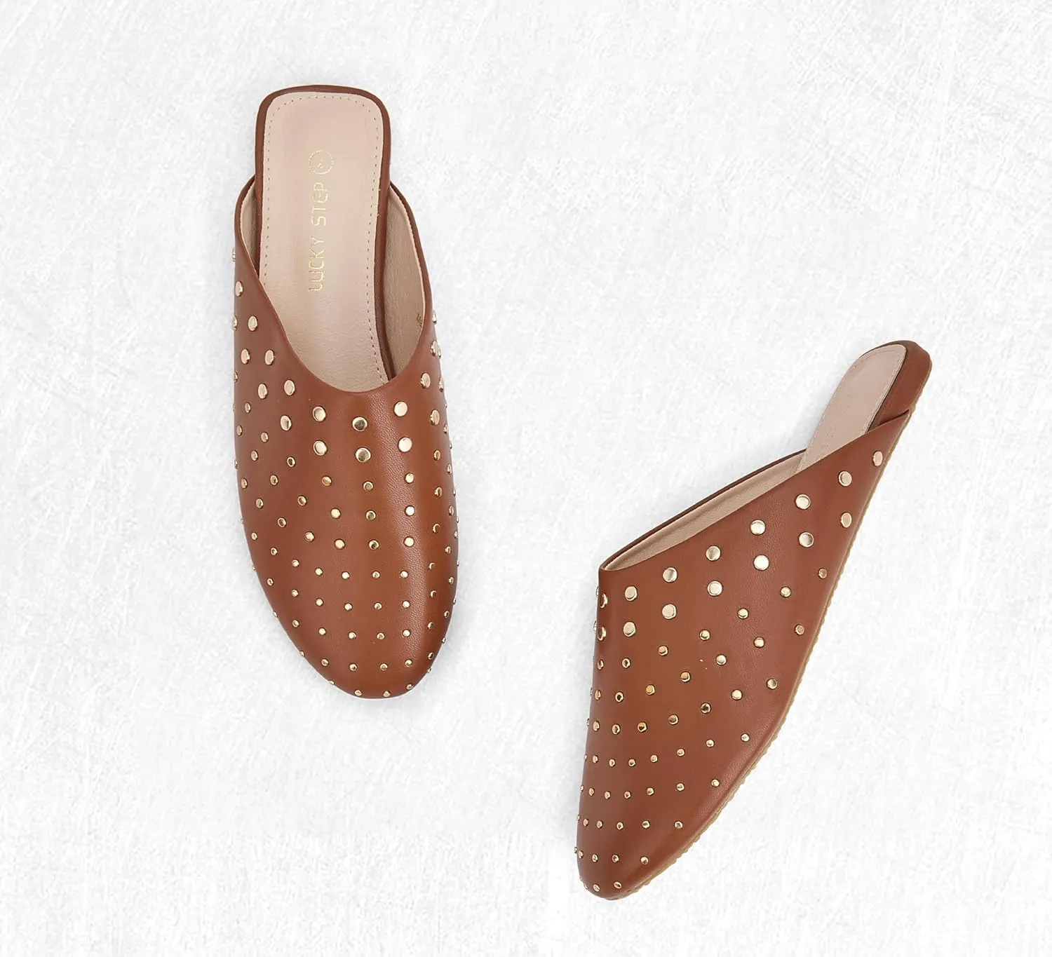 LUCKY STEP Women's Rivet Mules Flats Closed Toe Leather Fashion Slippers Sparkly Comfortable Backless Slip on Slides