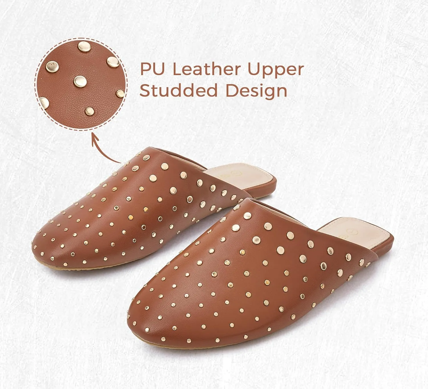 LUCKY STEP Women's Rivet Mules Flats Closed Toe Leather Fashion Slippers Sparkly Comfortable Backless Slip on Slides