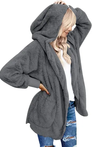 luvamia Women Fuzzy Fleece Open Front Pockets Hooded Cardigan Jacket Coat Outwear