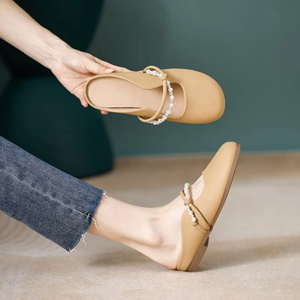 LUXINYU Women Comfortable Low Heel Mules Pearl Rhinestone Chain Strap Flats Microfiber Leather Slip On Backless Sandals Girls Lady Work Slides Loafer Shoes