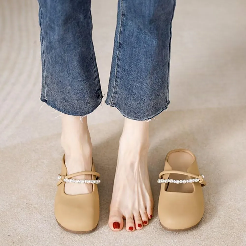 LUXINYU Women Comfortable Low Heel Mules Pearl Rhinestone Chain Strap Flats Microfiber Leather Slip On Backless Sandals Girls Lady Work Slides Loafer Shoes