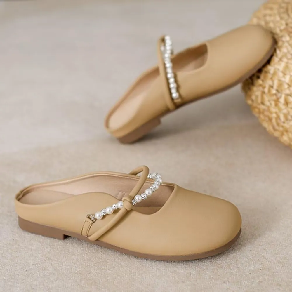 LUXINYU Women Comfortable Low Heel Mules Pearl Rhinestone Chain Strap Flats Microfiber Leather Slip On Backless Sandals Girls Lady Work Slides Loafer Shoes