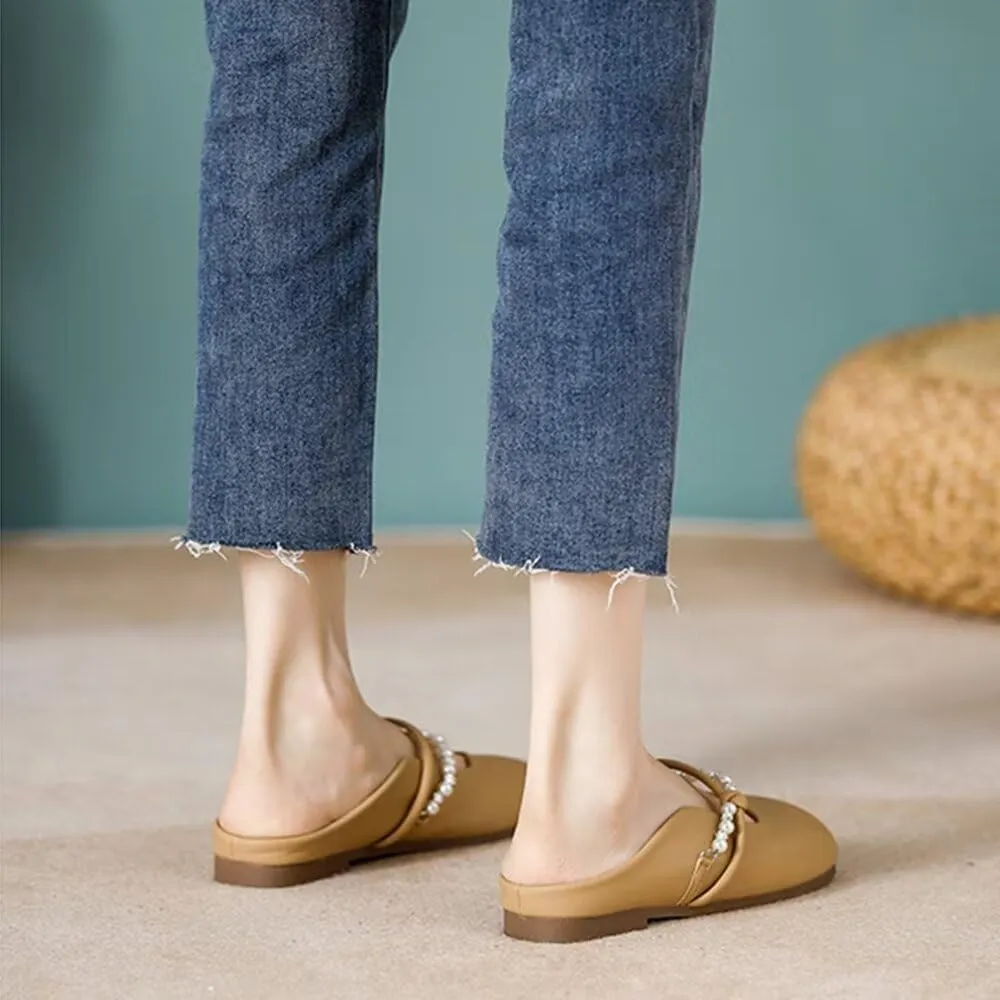 LUXINYU Women Comfortable Low Heel Mules Pearl Rhinestone Chain Strap Flats Microfiber Leather Slip On Backless Sandals Girls Lady Work Slides Loafer Shoes