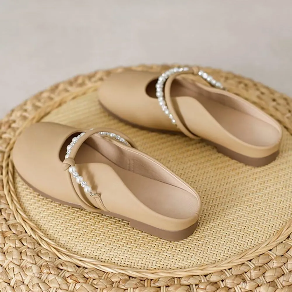 LUXINYU Women Comfortable Low Heel Mules Pearl Rhinestone Chain Strap Flats Microfiber Leather Slip On Backless Sandals Girls Lady Work Slides Loafer Shoes