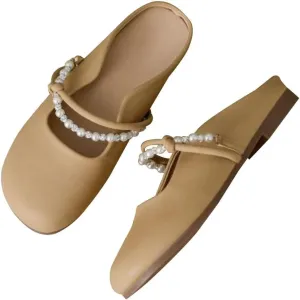 LUXINYU Women Comfortable Low Heel Mules Pearl Rhinestone Chain Strap Flats Microfiber Leather Slip On Backless Sandals Girls Lady Work Slides Loafer Shoes