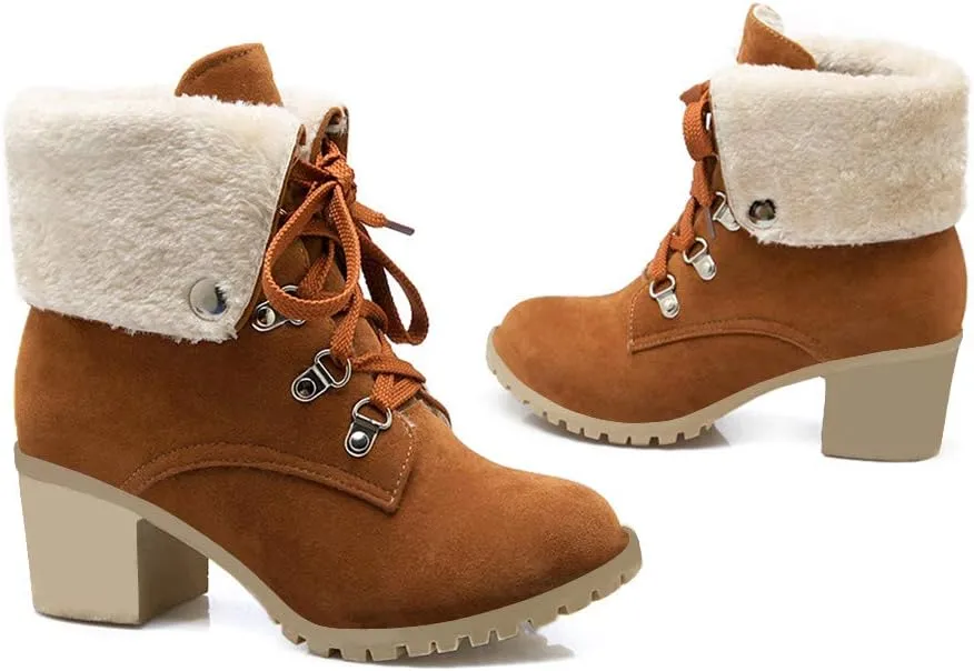 LUXMAX Women Lace Up Fold Over Ankle Boots Block Heel Winter Warm Booties