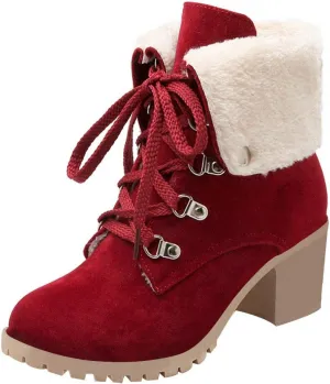LUXMAX Women Lace Up Fold Over Ankle Boots Block Heel Winter Warm Booties