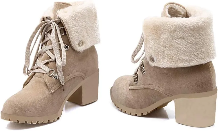 LUXMAX Women Lace Up Fold Over Ankle Boots Block Heel Winter Warm Booties