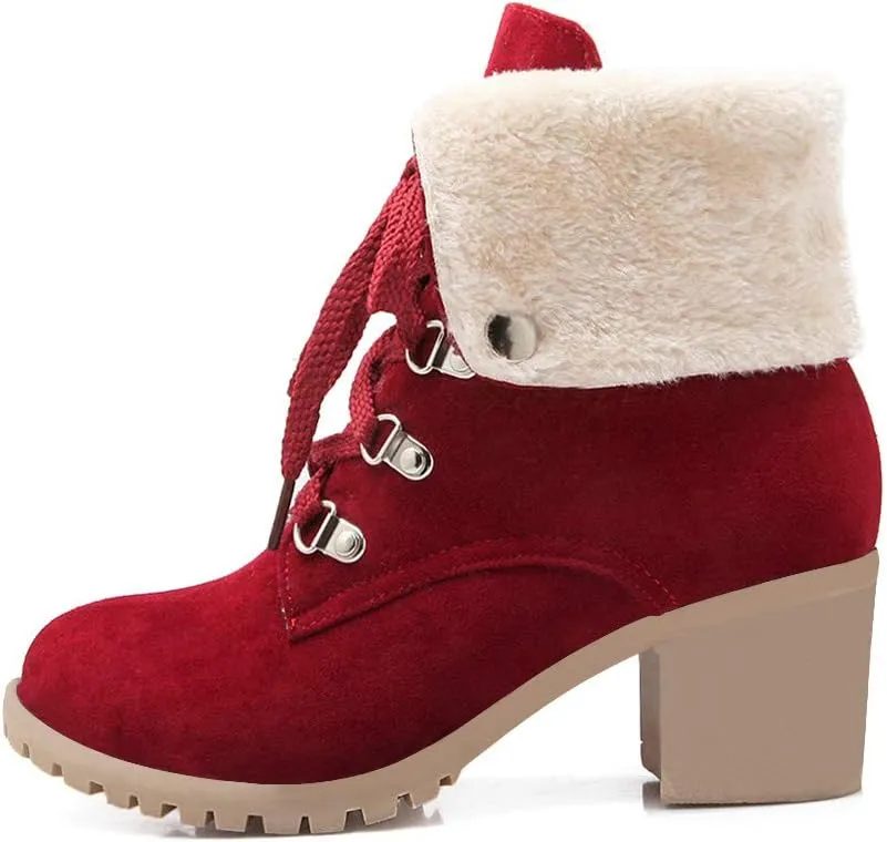 LUXMAX Women Lace Up Fold Over Ankle Boots Block Heel Winter Warm Booties