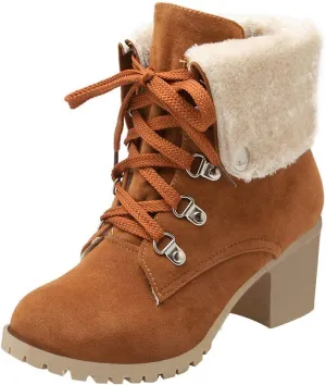 LUXMAX Women Lace Up Fold Over Ankle Boots Block Heel Winter Warm Booties