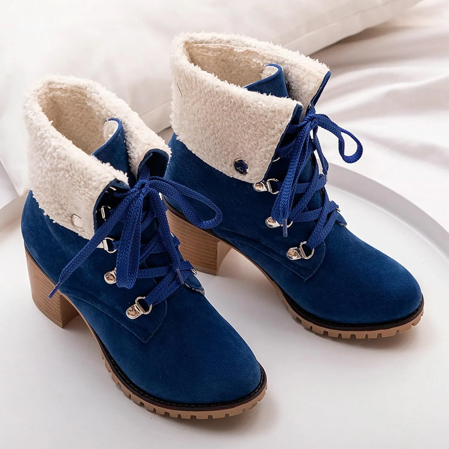 LUXMAX Women Lace Up Fold Over Ankle Boots Block Heel Winter Warm Booties