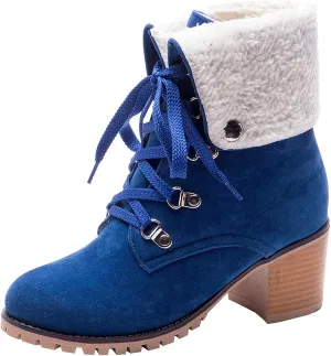 LUXMAX Women Lace Up Fold Over Ankle Boots Block Heel Winter Warm Booties
