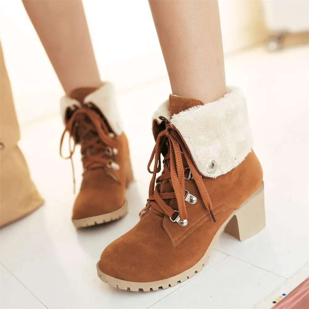 LUXMAX Women Lace Up Fold Over Ankle Boots Block Heel Winter Warm Booties
