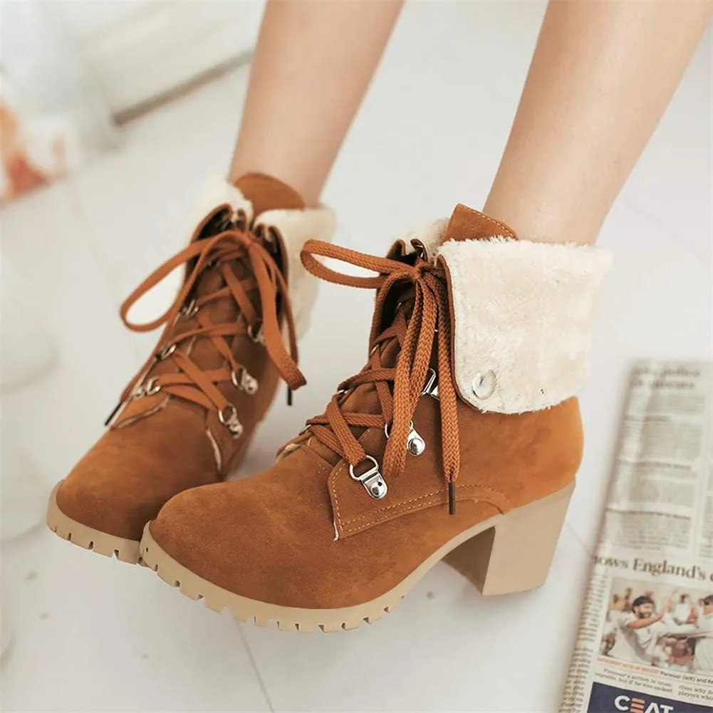 LUXMAX Women Lace Up Fold Over Ankle Boots Block Heel Winter Warm Booties