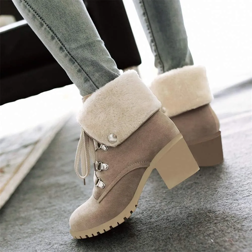LUXMAX Women Lace Up Fold Over Ankle Boots Block Heel Winter Warm Booties