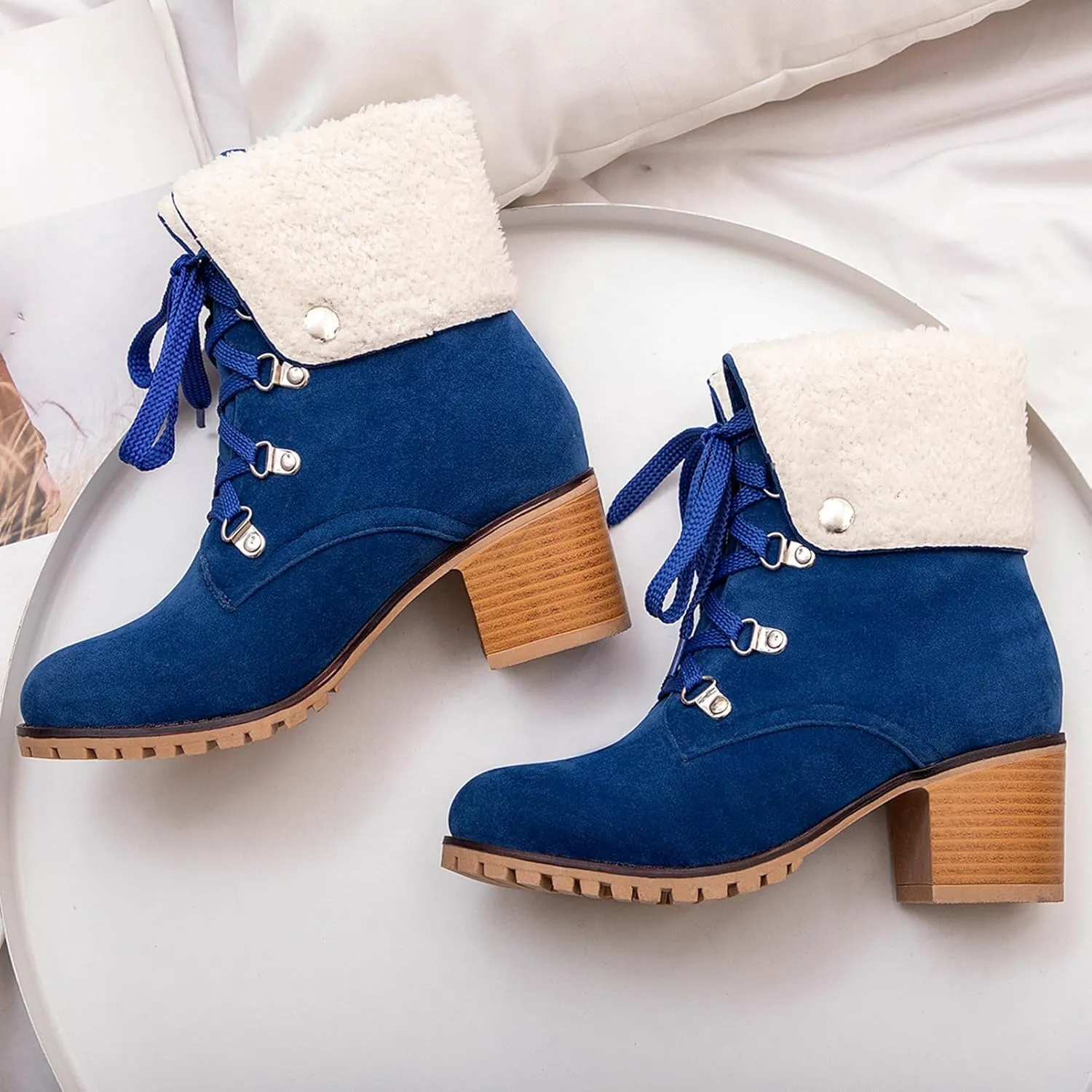 LUXMAX Women Lace Up Fold Over Ankle Boots Block Heel Winter Warm Booties