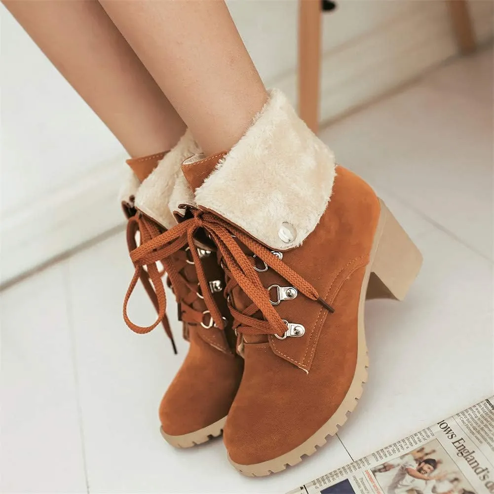 LUXMAX Women Lace Up Fold Over Ankle Boots Block Heel Winter Warm Booties