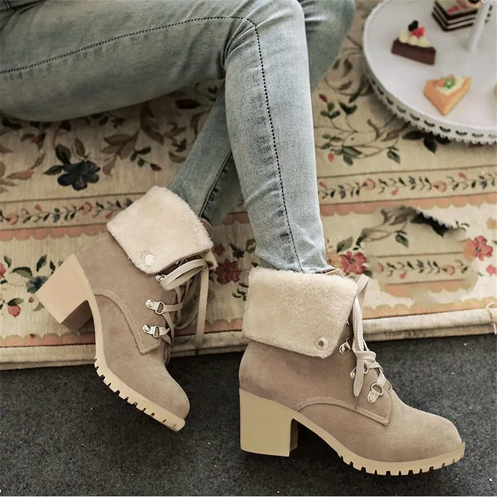 LUXMAX Women Lace Up Fold Over Ankle Boots Block Heel Winter Warm Booties