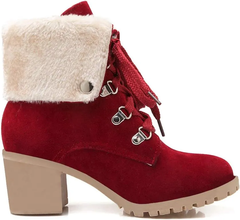LUXMAX Women Lace Up Fold Over Ankle Boots Block Heel Winter Warm Booties