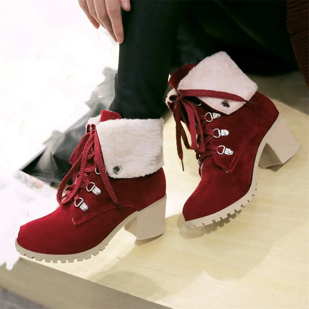 LUXMAX Women Lace Up Fold Over Ankle Boots Block Heel Winter Warm Booties