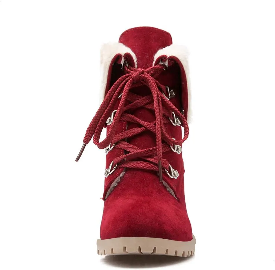 LUXMAX Women Lace Up Fold Over Ankle Boots Block Heel Winter Warm Booties