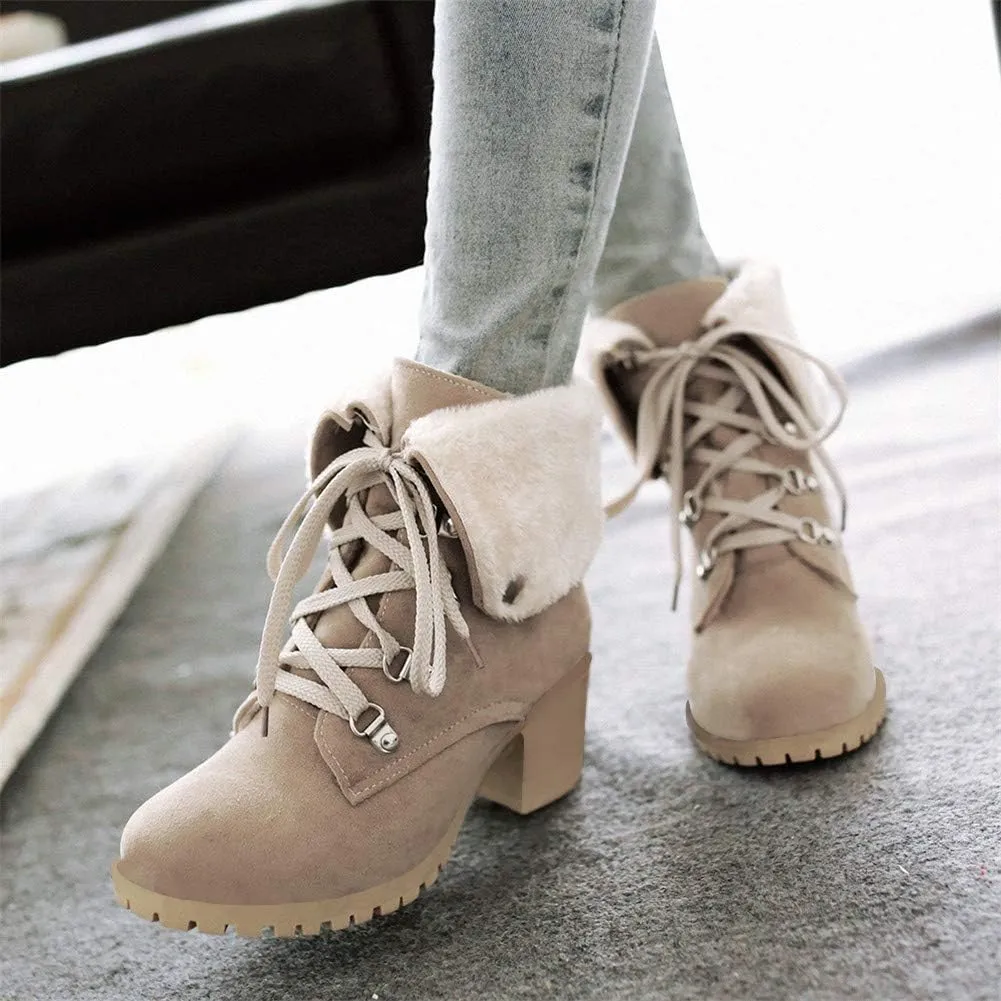 LUXMAX Women Lace Up Fold Over Ankle Boots Block Heel Winter Warm Booties