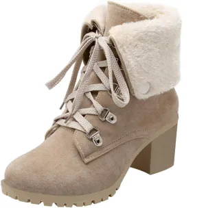 LUXMAX Women Lace Up Fold Over Ankle Boots Block Heel Winter Warm Booties