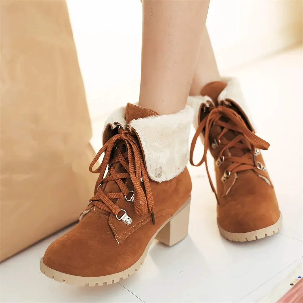 LUXMAX Women Lace Up Fold Over Ankle Boots Block Heel Winter Warm Booties