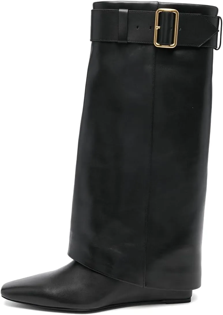 Maiyang Women Closed Square Toe Knee High Boots Fold Over Wedge Mid Heel Tall Boots Buckle Strap Warm Fashion Boots Size 4-16 US