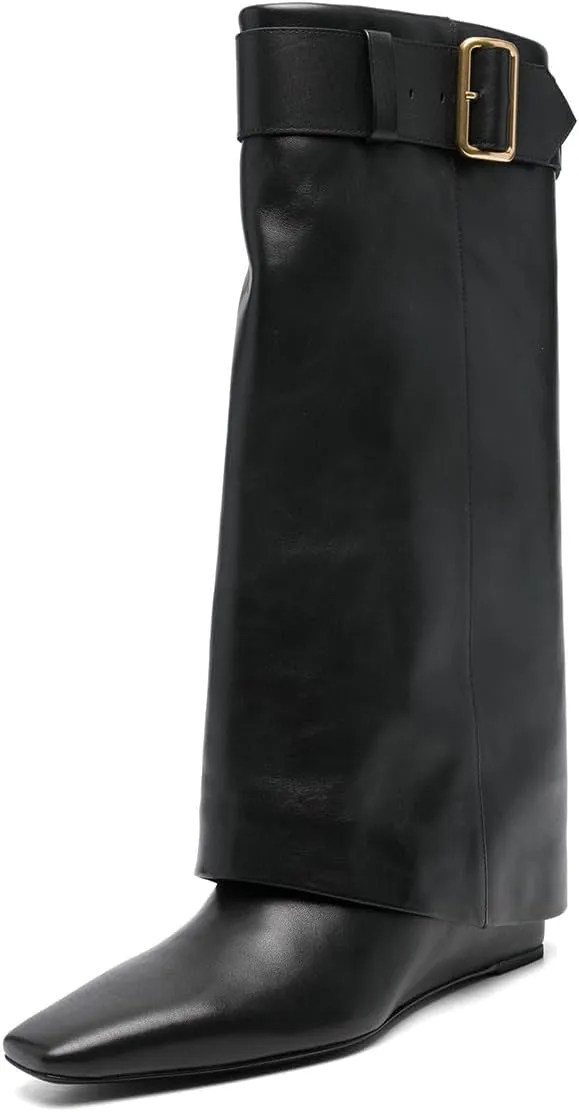 Maiyang Women Closed Square Toe Knee High Boots Fold Over Wedge Mid Heel Tall Boots Buckle Strap Warm Fashion Boots Size 4-16 US