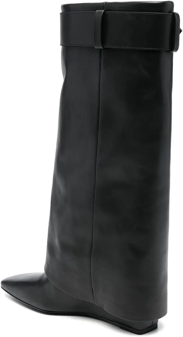 Maiyang Women Closed Square Toe Knee High Boots Fold Over Wedge Mid Heel Tall Boots Buckle Strap Warm Fashion Boots Size 4-16 US
