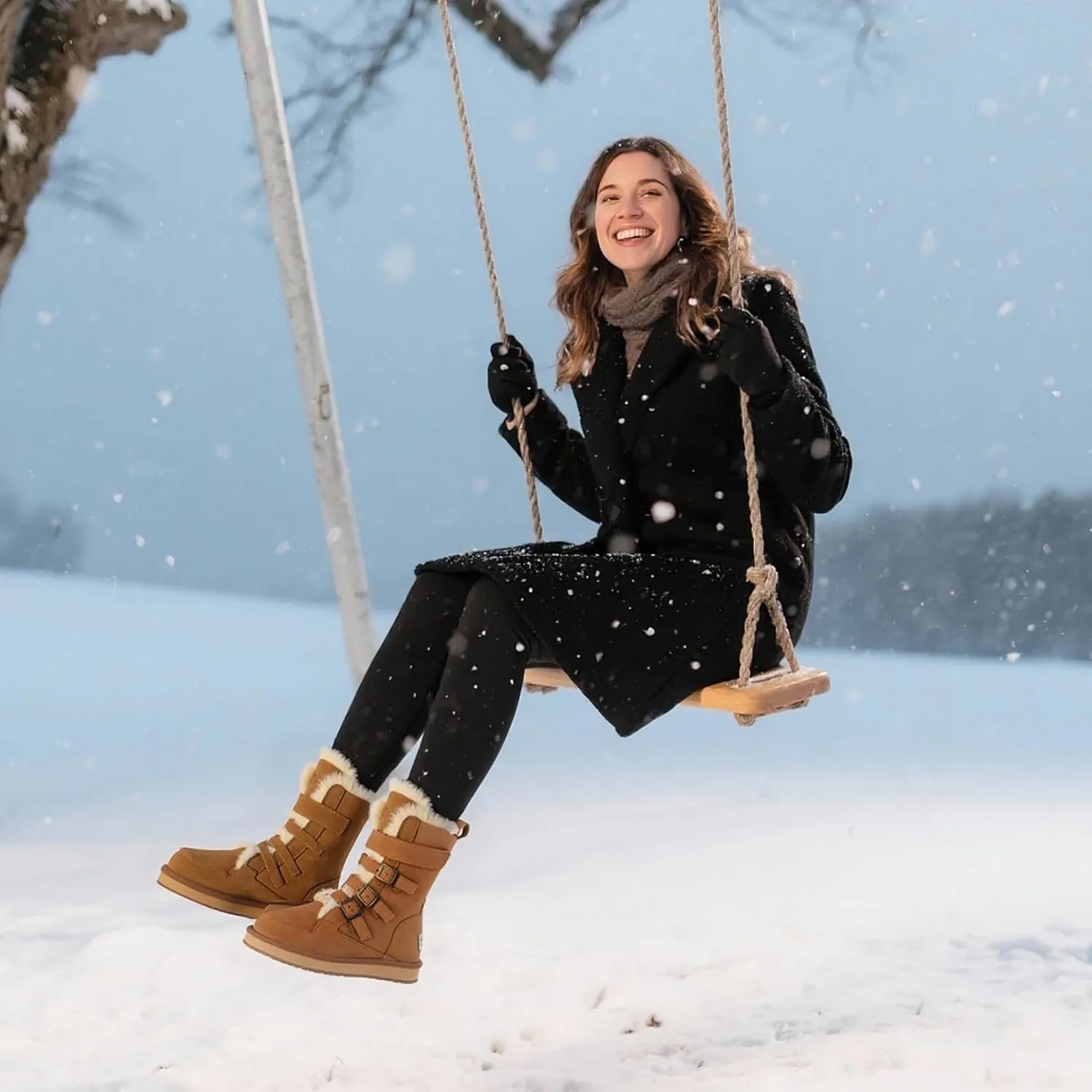 Mel&Syd 100% Sheepskin Snow Boots for Womens Mens Waterproof Mid Calf Flat Slip On Combat Boots Wool Shearling Leather Classic Lace up/Hook Adjustable Buckle Fur Boots Winter Shoes Booties