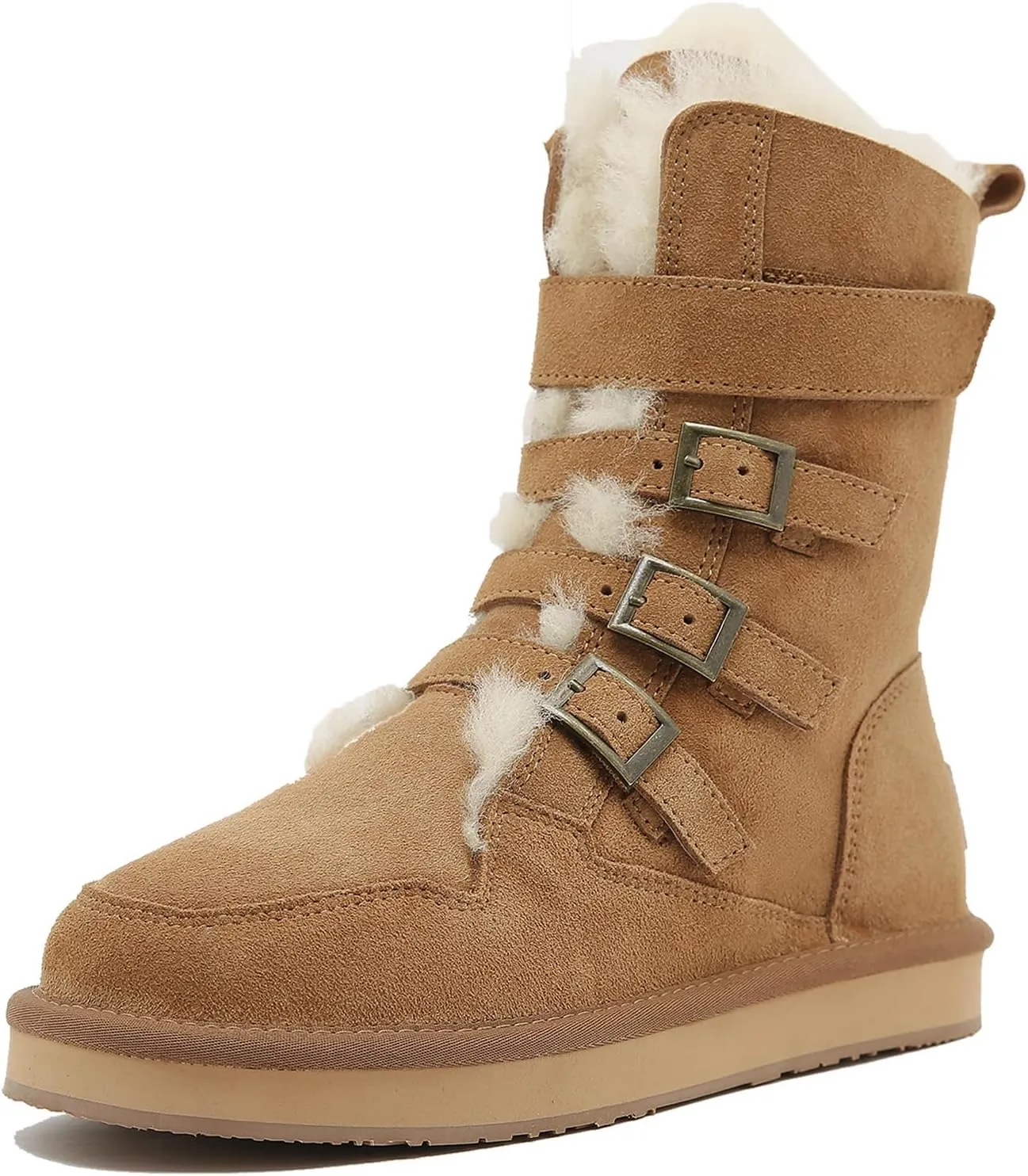 Mel&Syd 100% Sheepskin Snow Boots for Womens Mens Waterproof Mid Calf Flat Slip On Combat Boots Wool Shearling Leather Classic Lace up/Hook Adjustable Buckle Fur Boots Winter Shoes Booties