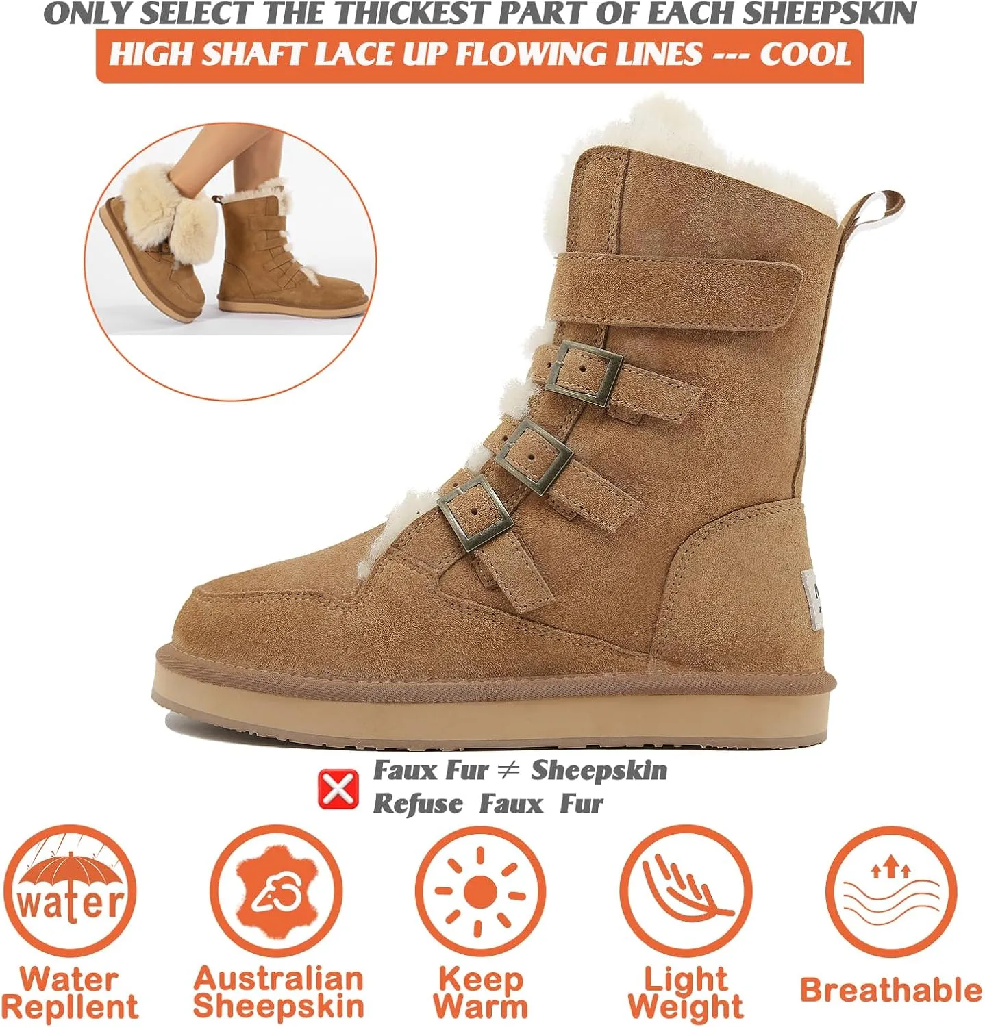 Mel&Syd 100% Sheepskin Snow Boots for Womens Mens Waterproof Mid Calf Flat Slip On Combat Boots Wool Shearling Leather Classic Lace up/Hook Adjustable Buckle Fur Boots Winter Shoes Booties