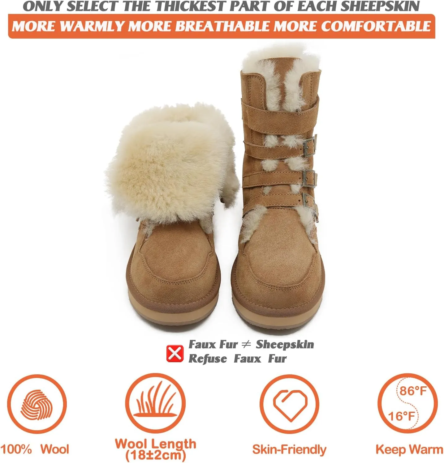 Mel&Syd 100% Sheepskin Snow Boots for Womens Mens Waterproof Mid Calf Flat Slip On Combat Boots Wool Shearling Leather Classic Lace up/Hook Adjustable Buckle Fur Boots Winter Shoes Booties