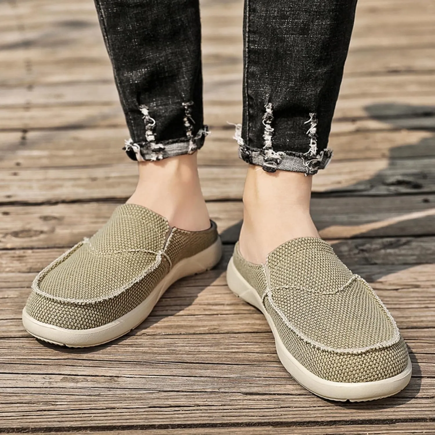 Mens Breathable Canvas Mules Elastic Band Slip-On Half Loafers Round Toe Non-Slip Casual Flat Shoes for Walking Outdoor Hiking