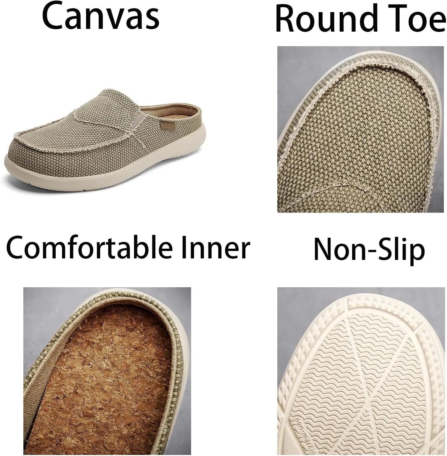 Mens Breathable Canvas Mules Elastic Band Slip-On Half Loafers Round Toe Non-Slip Casual Flat Shoes for Walking Outdoor Hiking